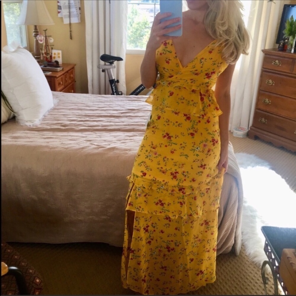 LULU’S Sexy Long Yellow Floral Ruffle Maxi Dress - Picture 3 of 8